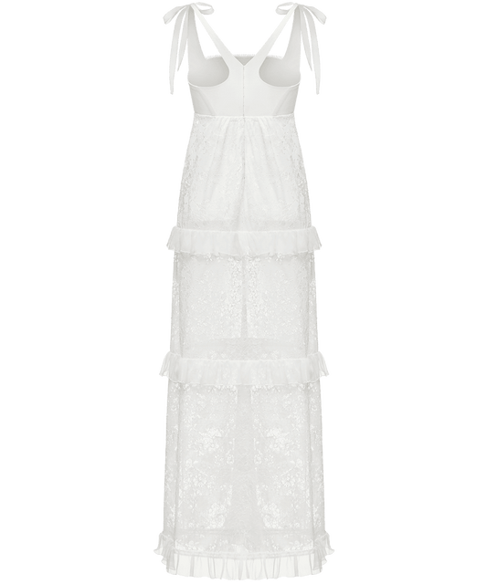Full-length dress with signature floral lace and silk base