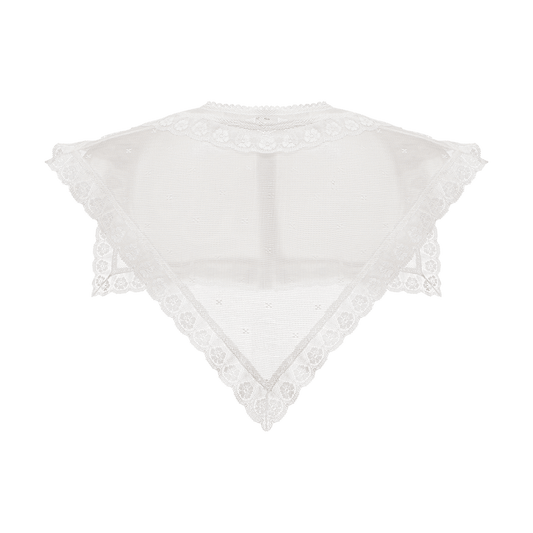 V-shaped lace collar with scalloped edge and button detail