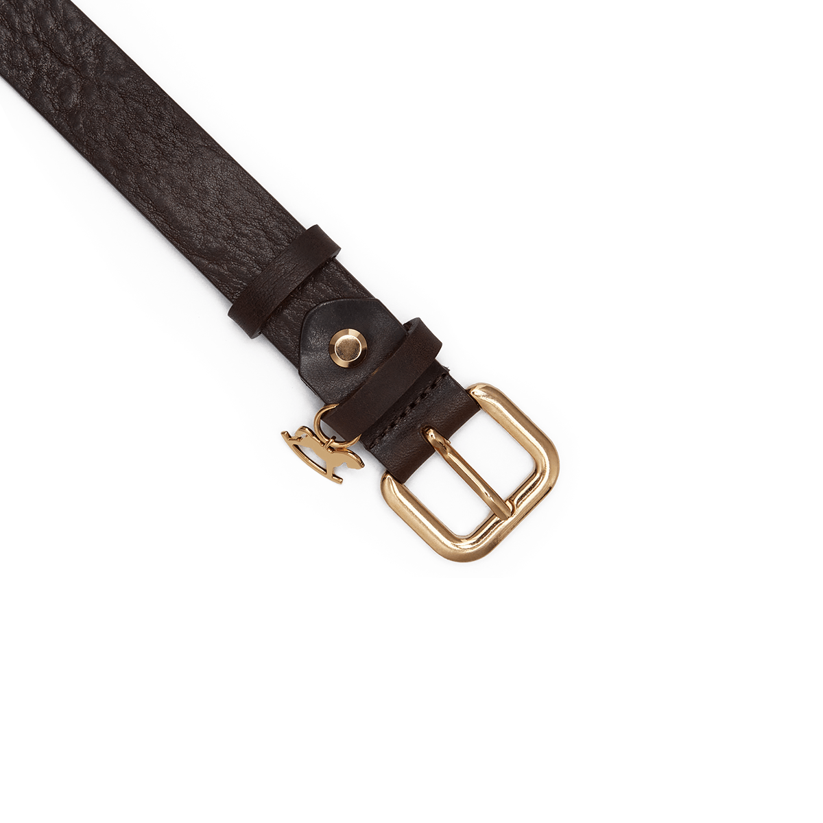 Leather belt with a gold buckle and signature charm