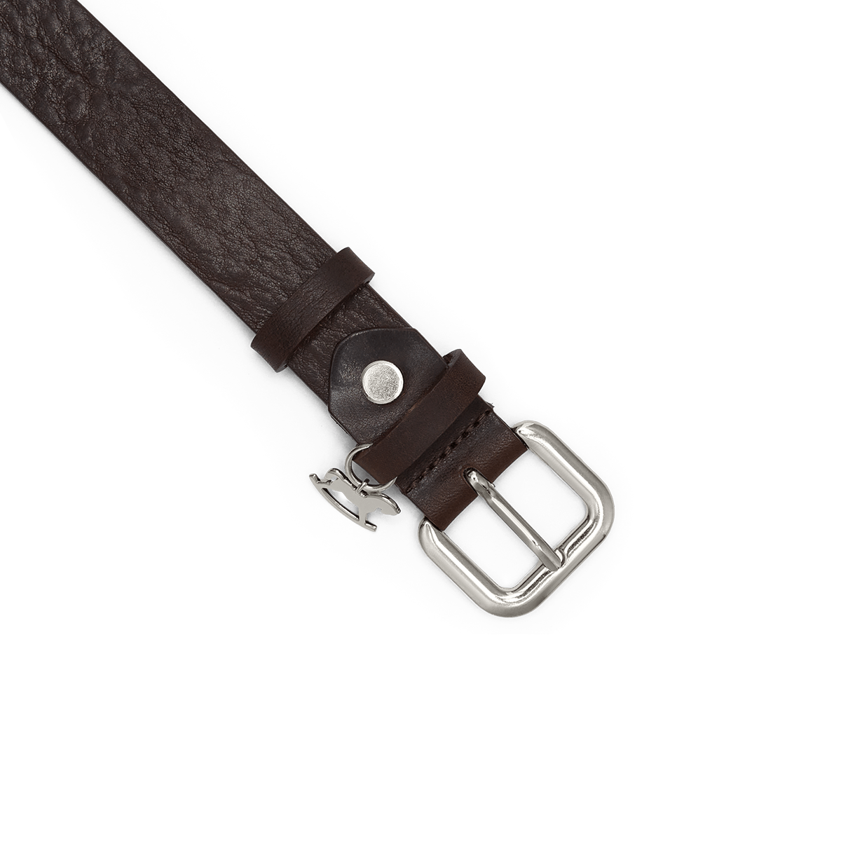 Leather belt with a silver buckle and signature charm
