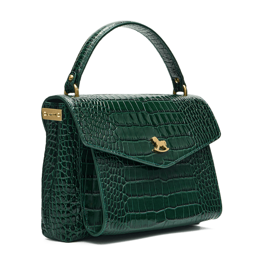 Leather satchel with a signature clasp