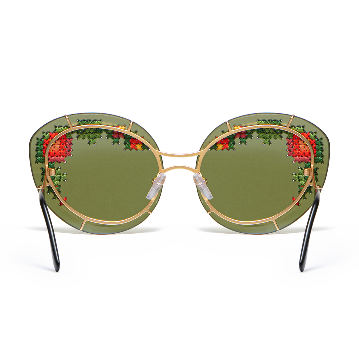 Sunglasses with hand-embroidered lenses