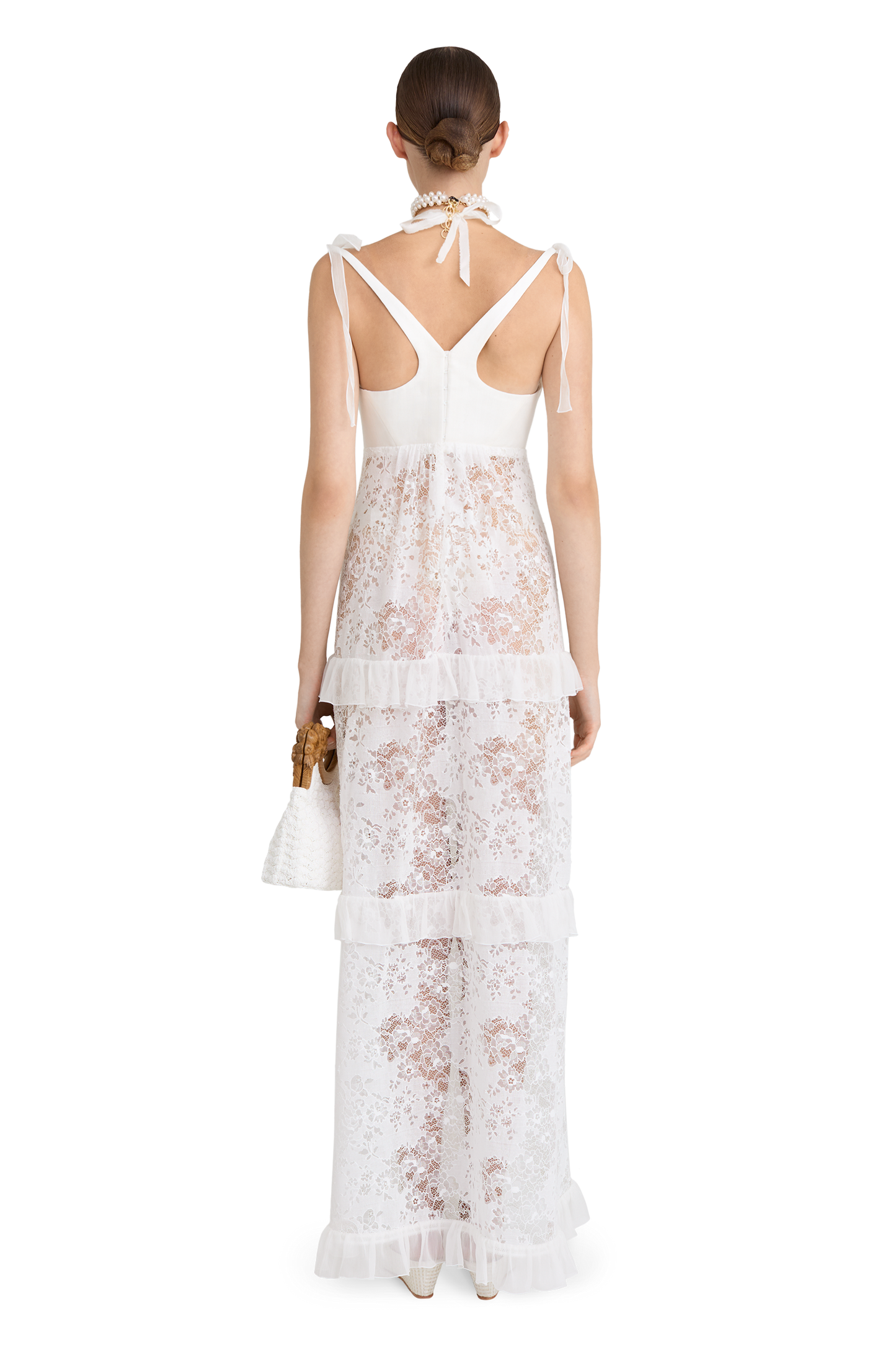 Full-length dress with signature floral lace and silk base