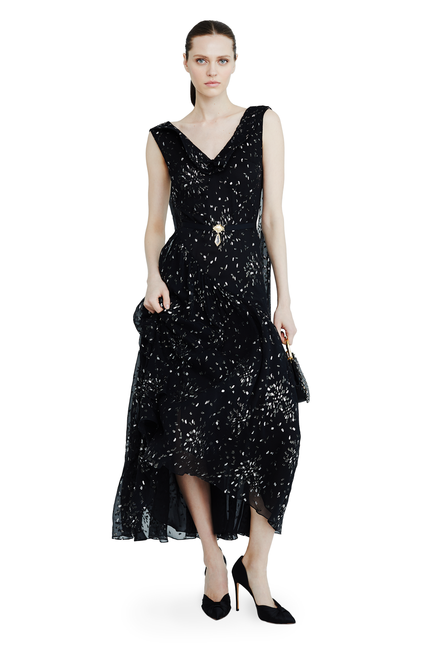 Chiffon midi dress with sparkling lurex