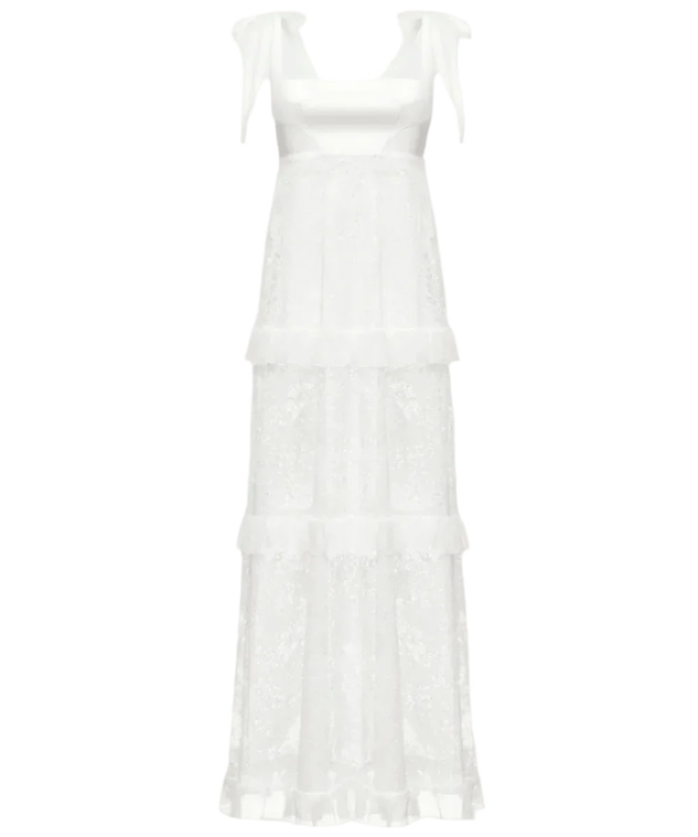 Full-length dress with signature floral lace and silk base