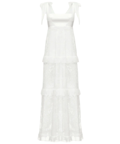 Full-length dress with signature floral lace and silk base