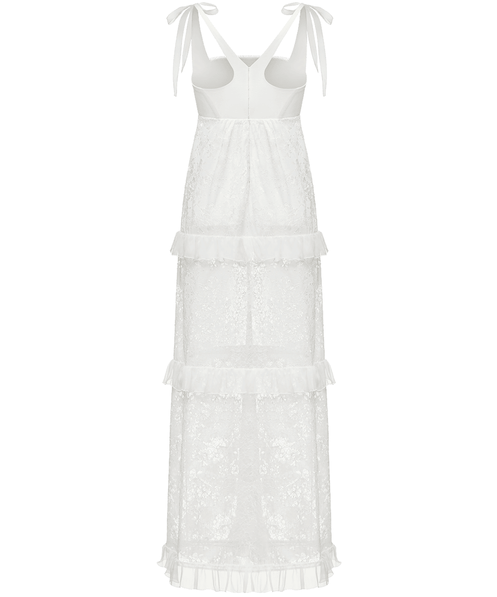 Full-length dress with signature floral lace and silk base