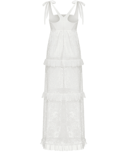 Full-length dress with signature floral lace and silk base