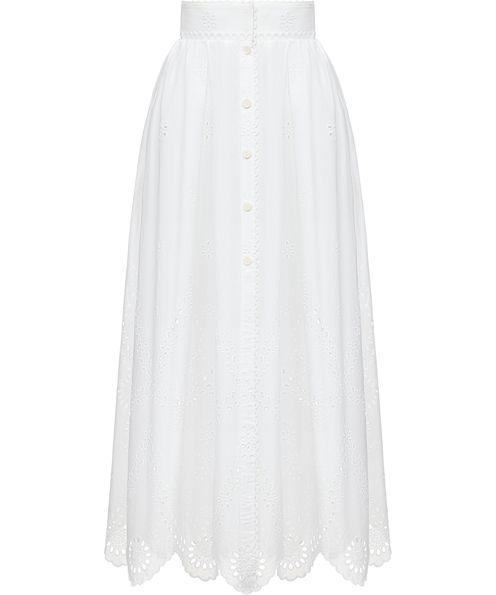Cotton midi skirt with floral embroidery and lace trim