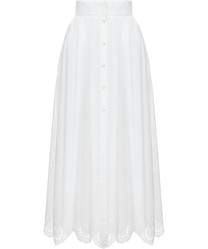 Cotton midi skirt with floral embroidery and lace trim