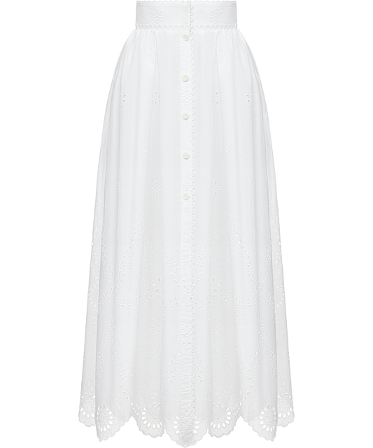 Cotton midi skirt with floral embroidery and lace trim