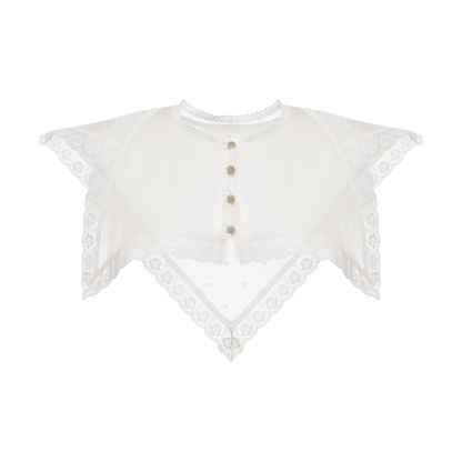 V-shaped lace collar with scalloped edge and button detail