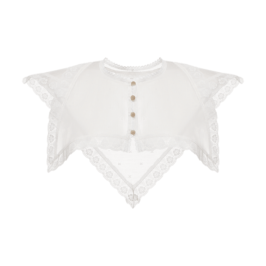 V-shaped lace collar with scalloped edge and button detail