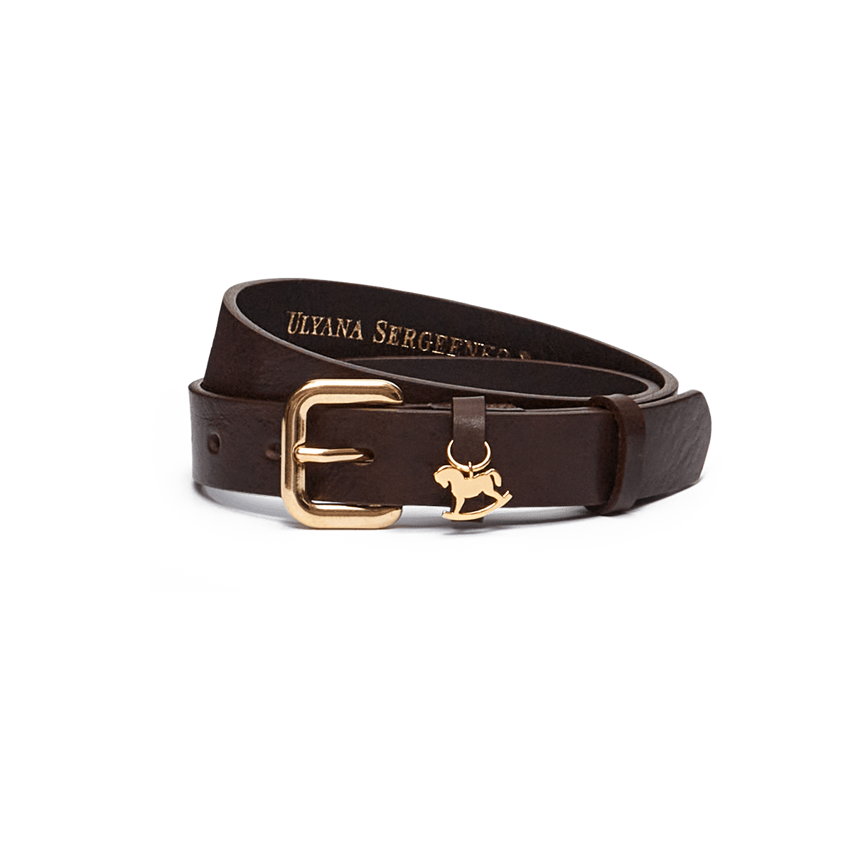 Leather belt with a gold buckle and signature charm