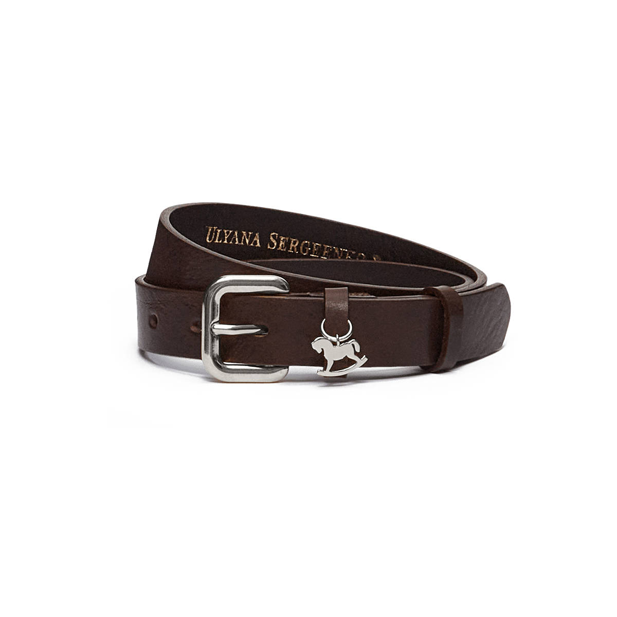 Leather belt with a silver buckle and signature charm
