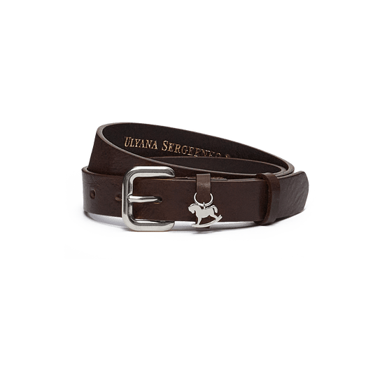Leather belt with a silver buckle and signature charm
