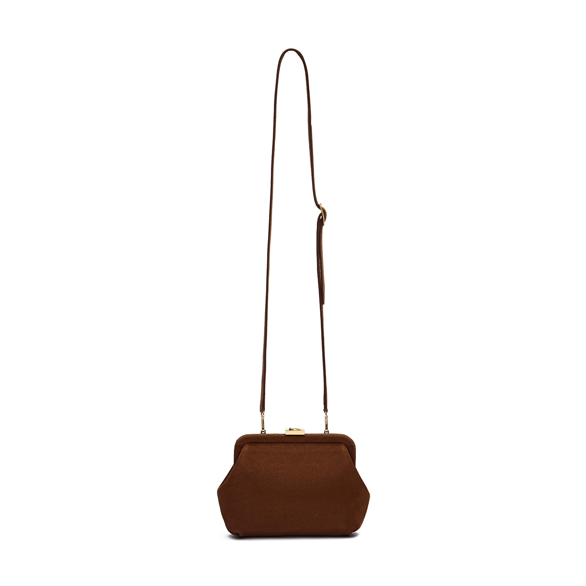 Suede bag with signature clasp and removable strap