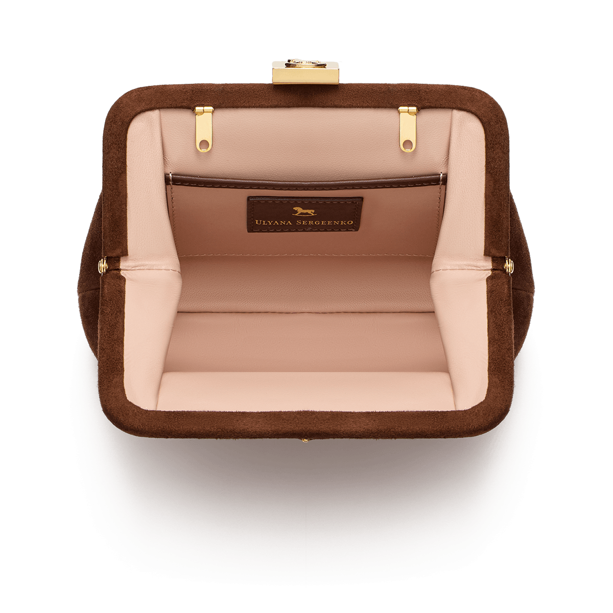 Suede bag with signature clasp and removable strap
