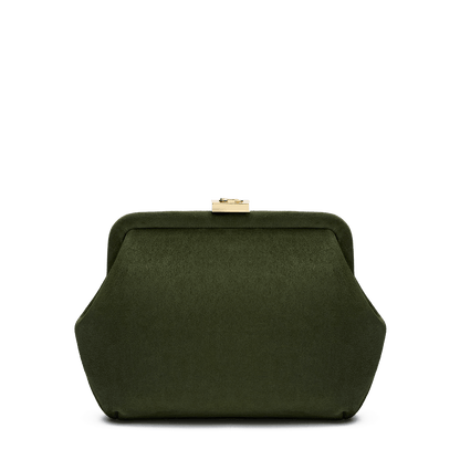 Suede bag with signature clasp and removable strap
