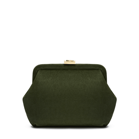 Suede bag with signature clasp and removable strap