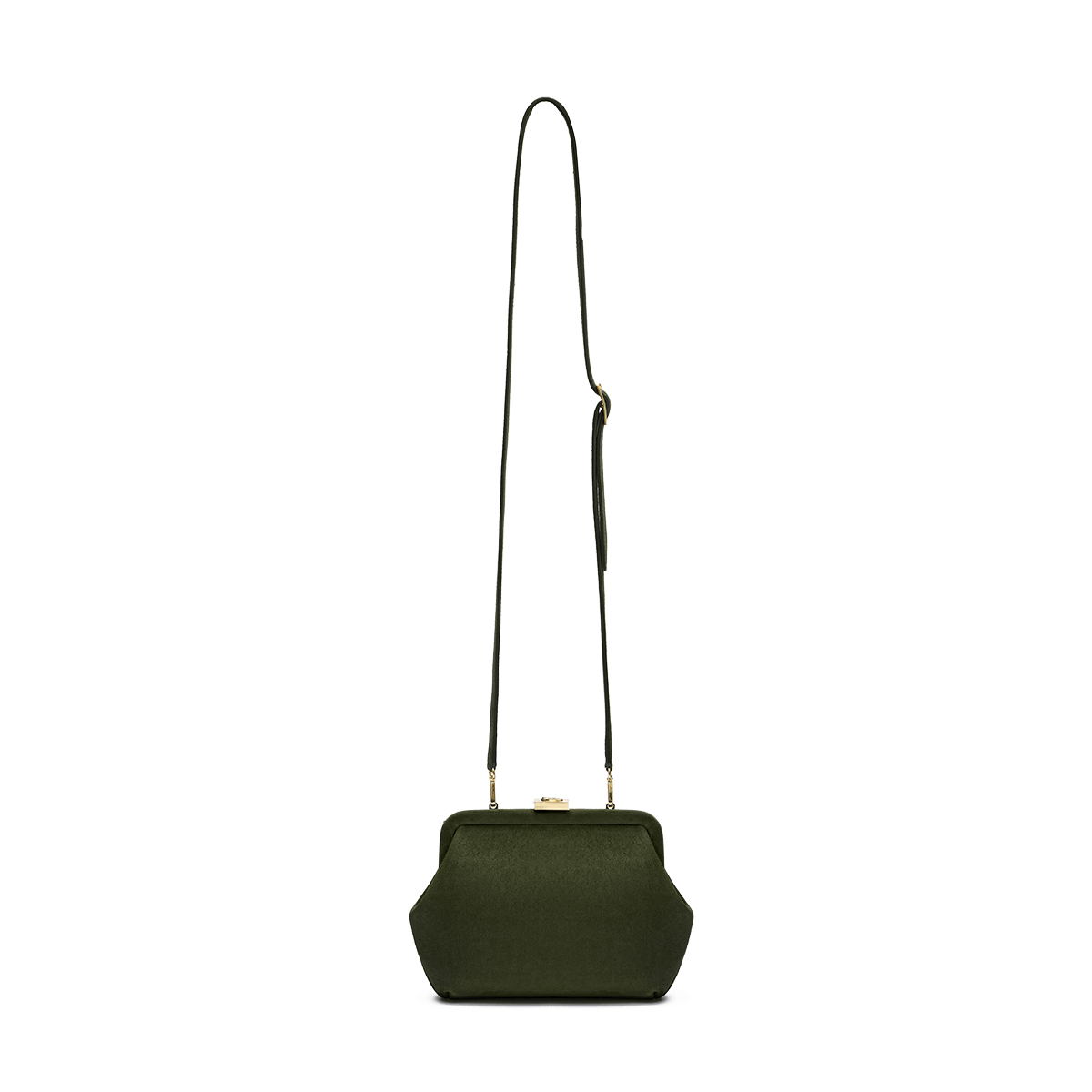 Suede bag with signature clasp and removable strap