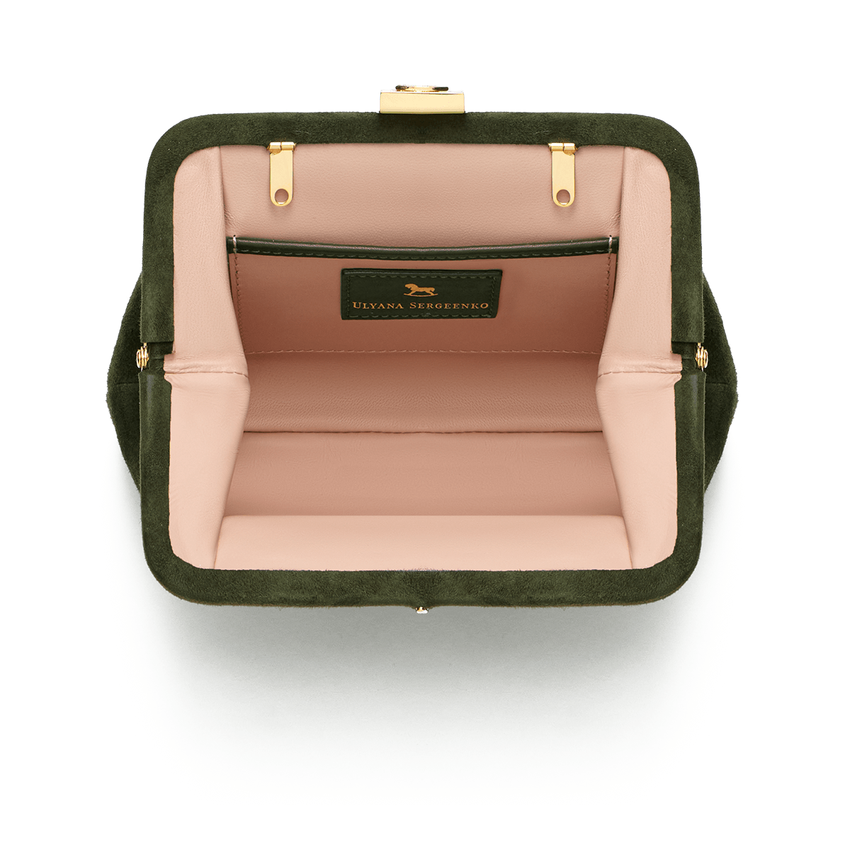 Suede bag with signature clasp and removable strap