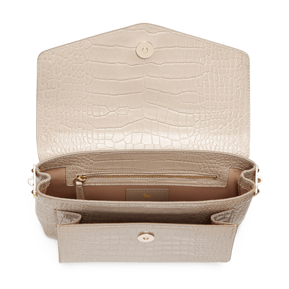 Leather satchel with a signature clasp