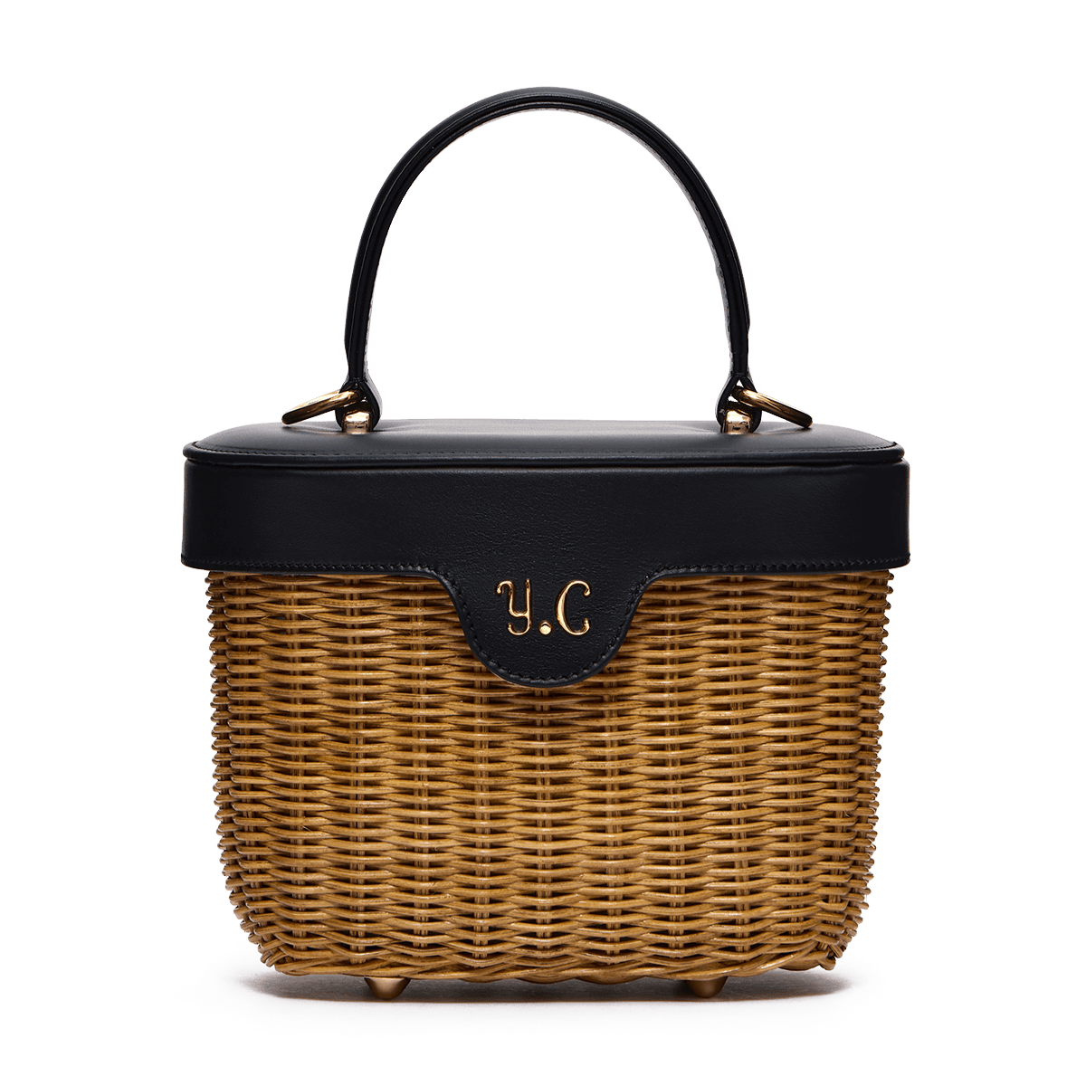 Woven basket with leather cover and floral lining