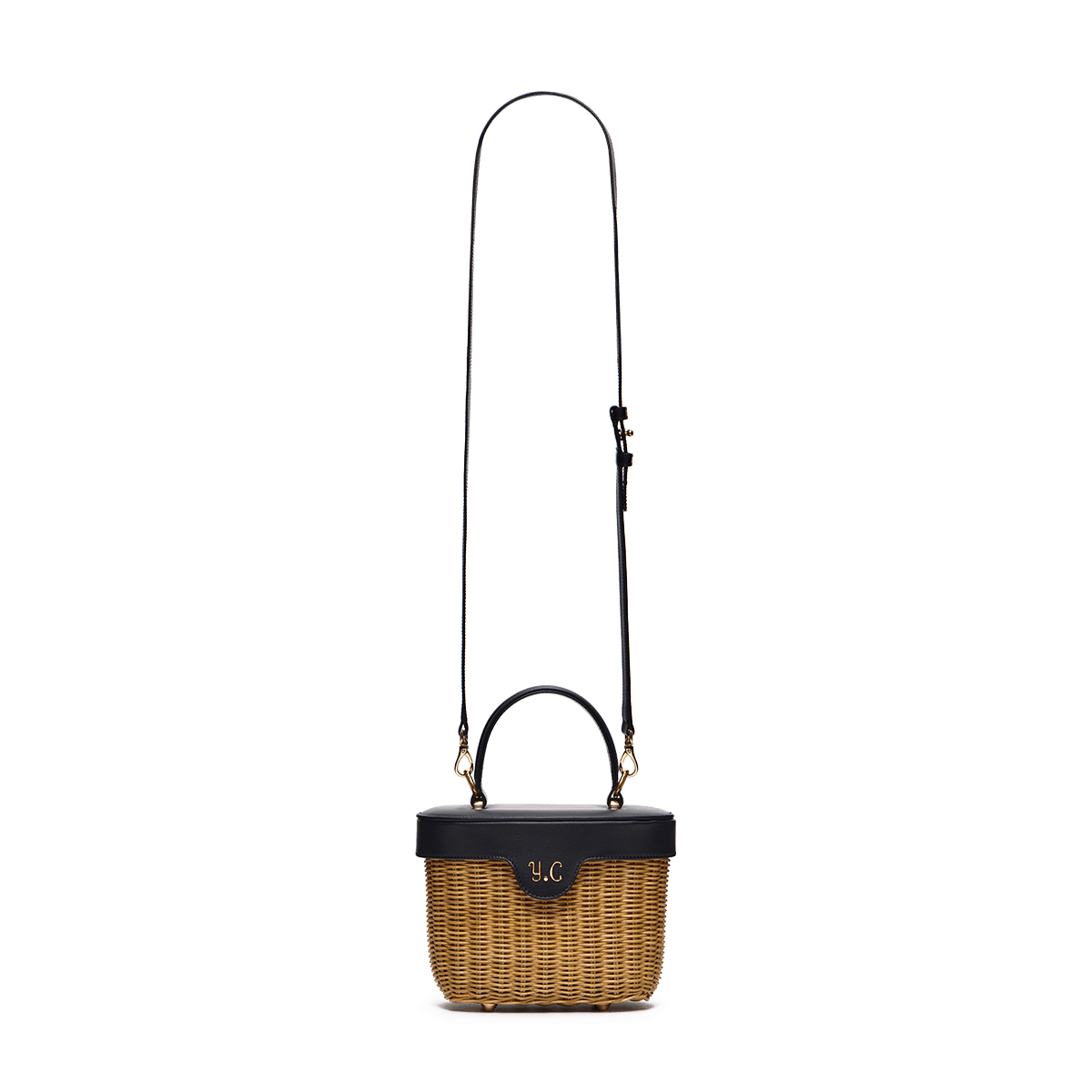 Woven basket with leather cover and floral lining