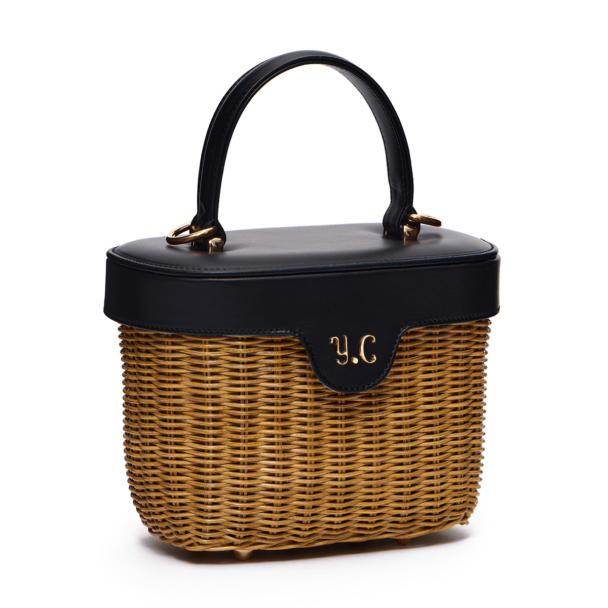 Woven basket with leather cover and floral lining