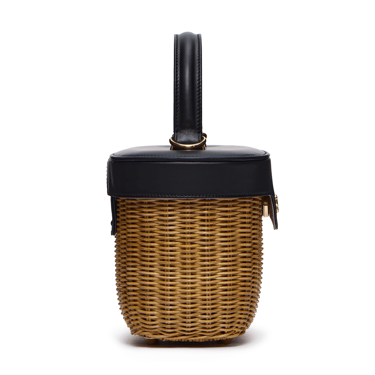 Woven basket with leather cover and floral lining