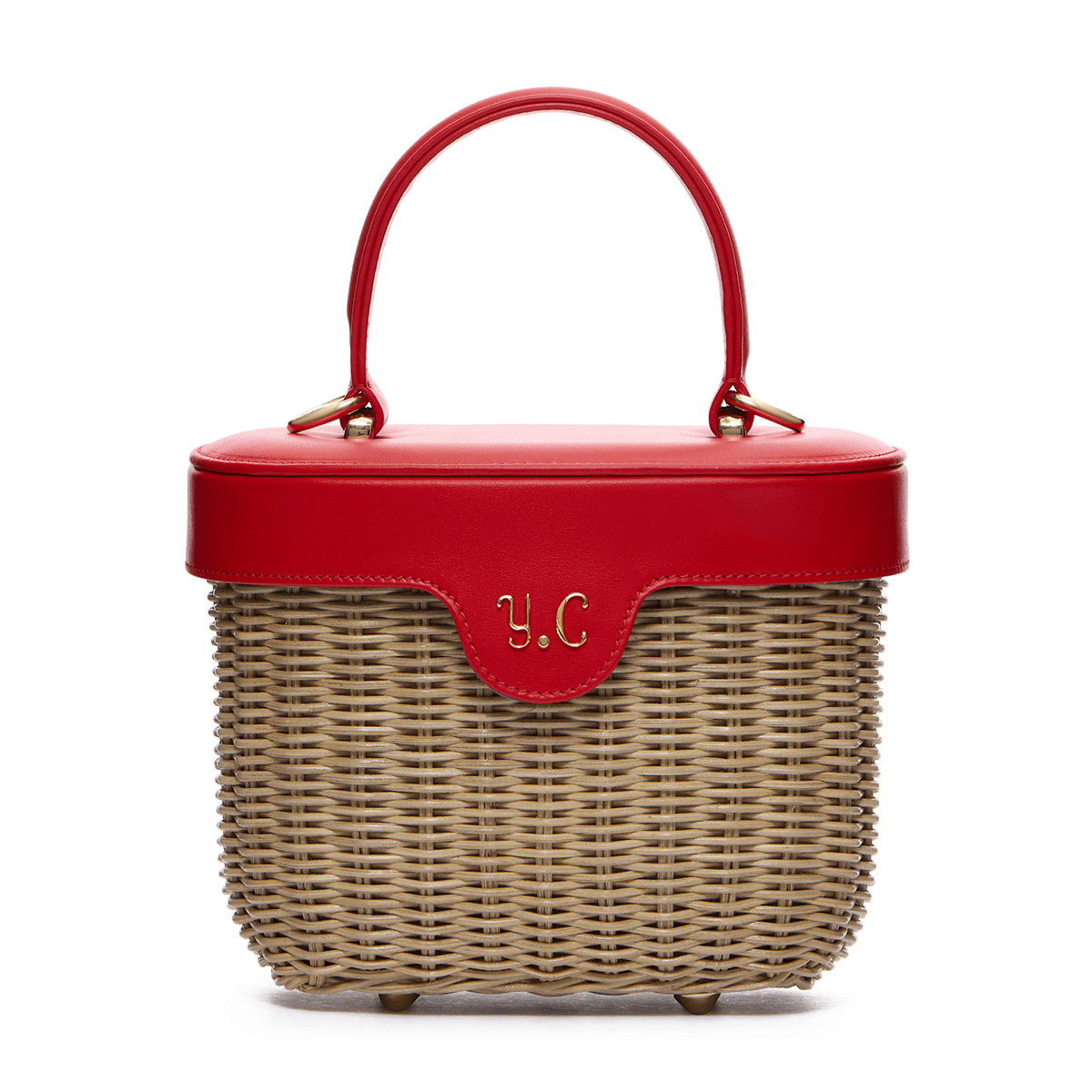 Woven basket with leather cover and floral lining