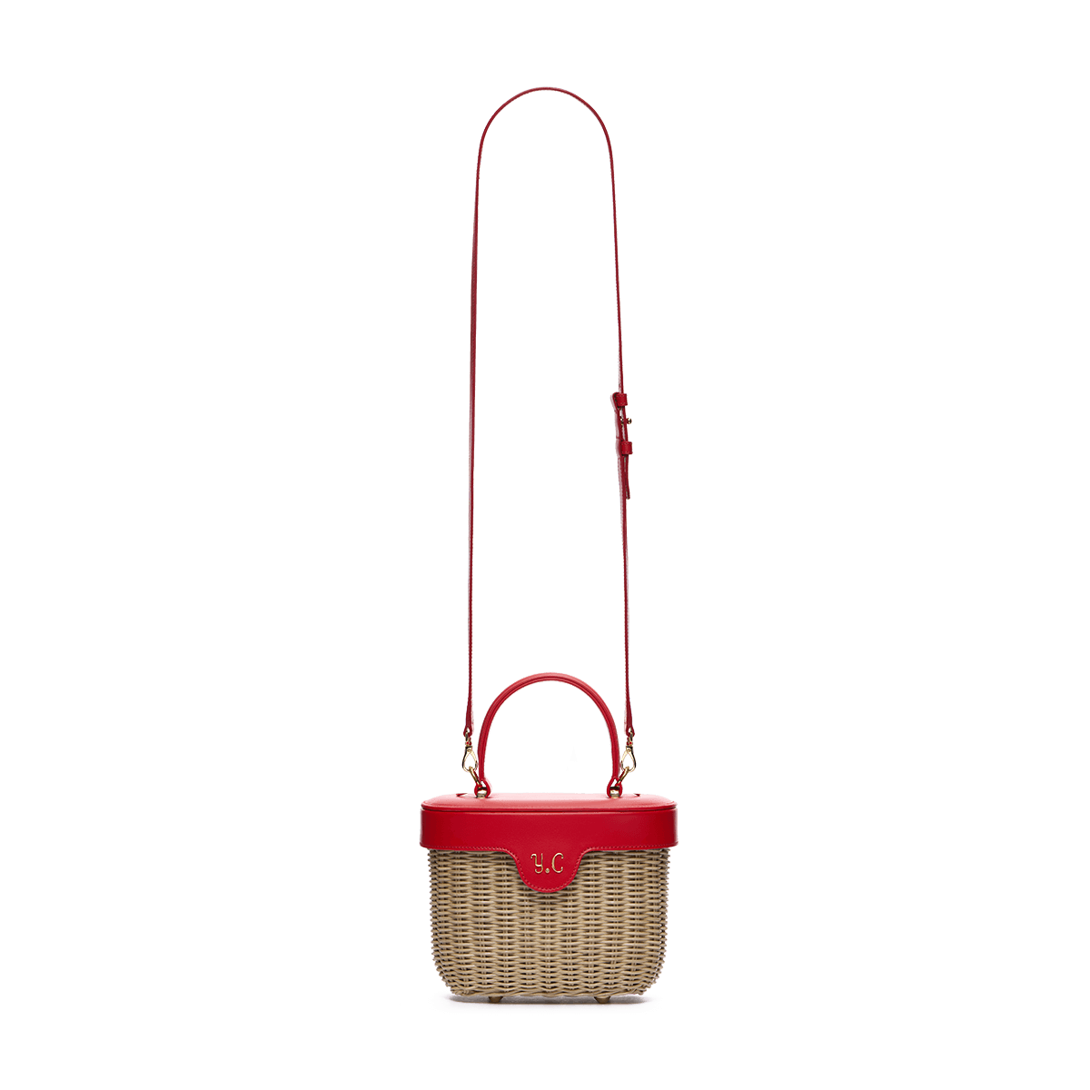 Woven basket with leather cover and floral lining
