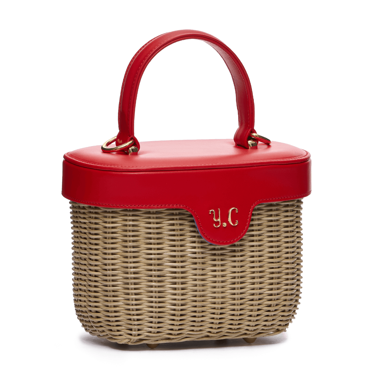 Woven basket with leather cover and floral lining