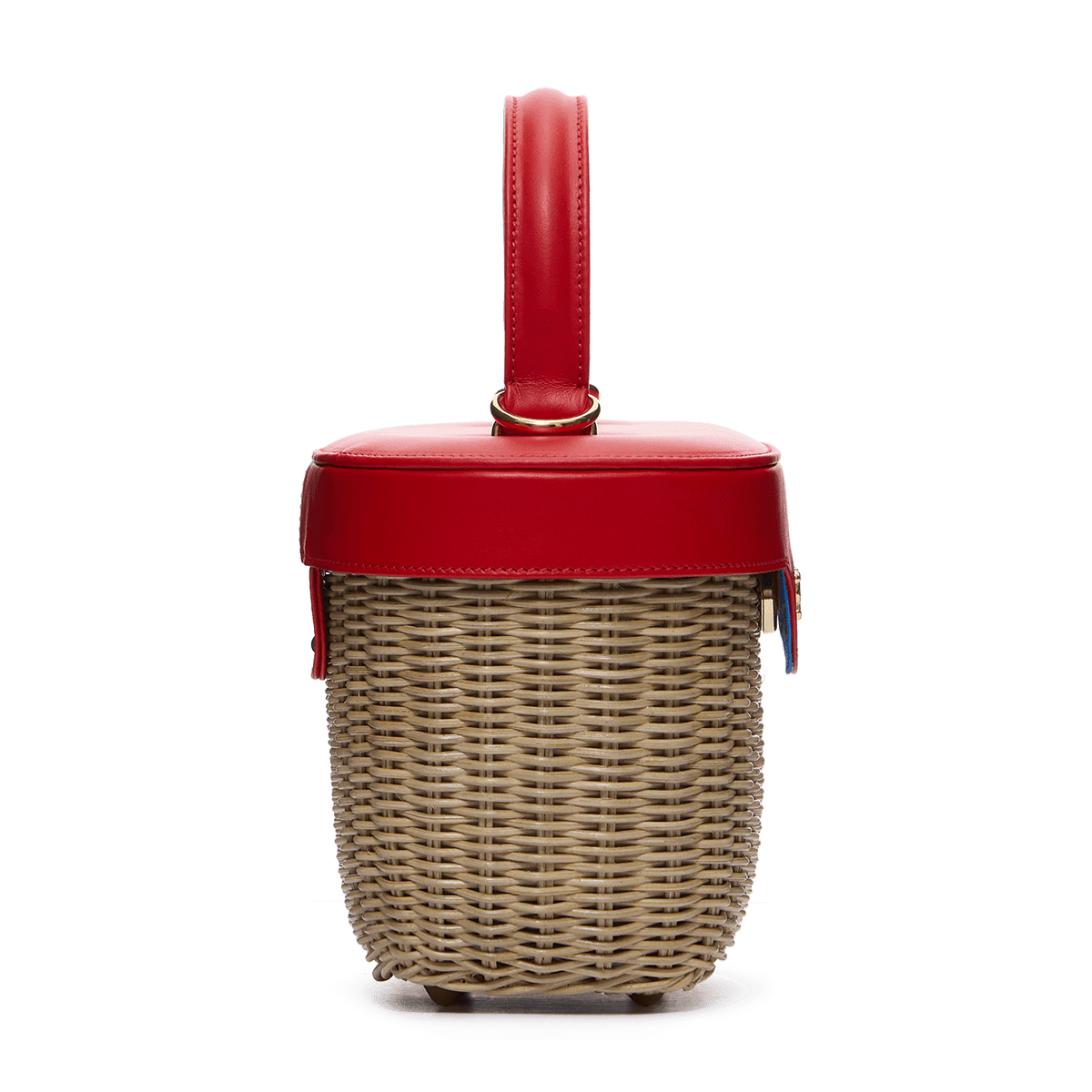 Woven basket with leather cover and floral lining