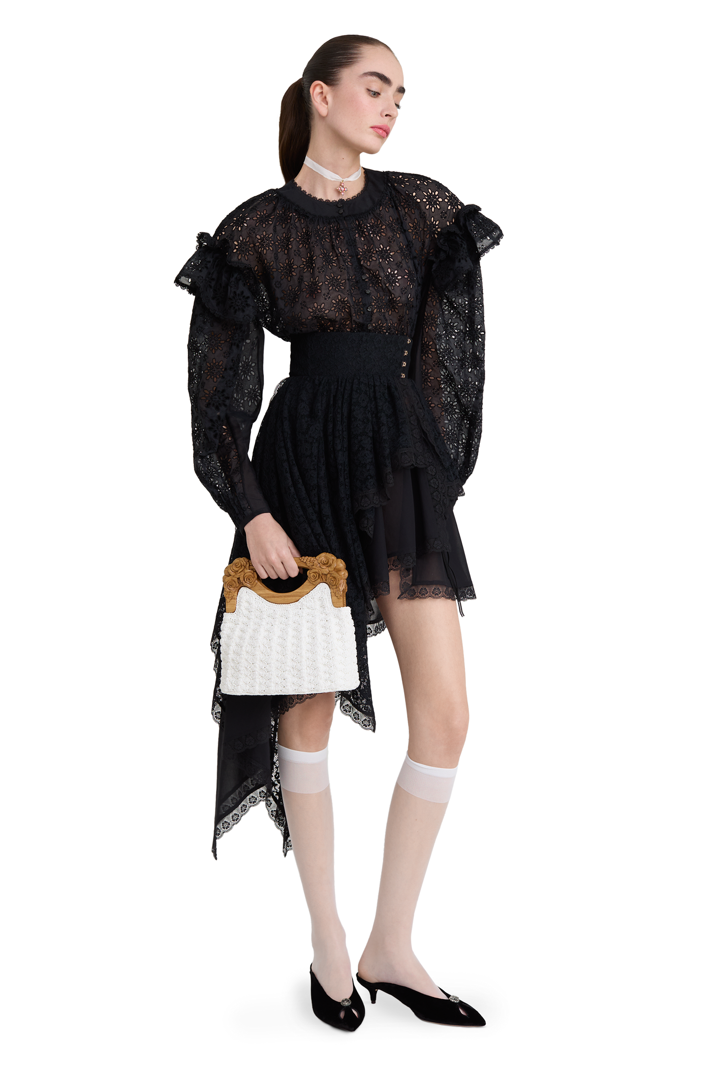 Embroidered cotton blouse with ruffled shoulders and an open back