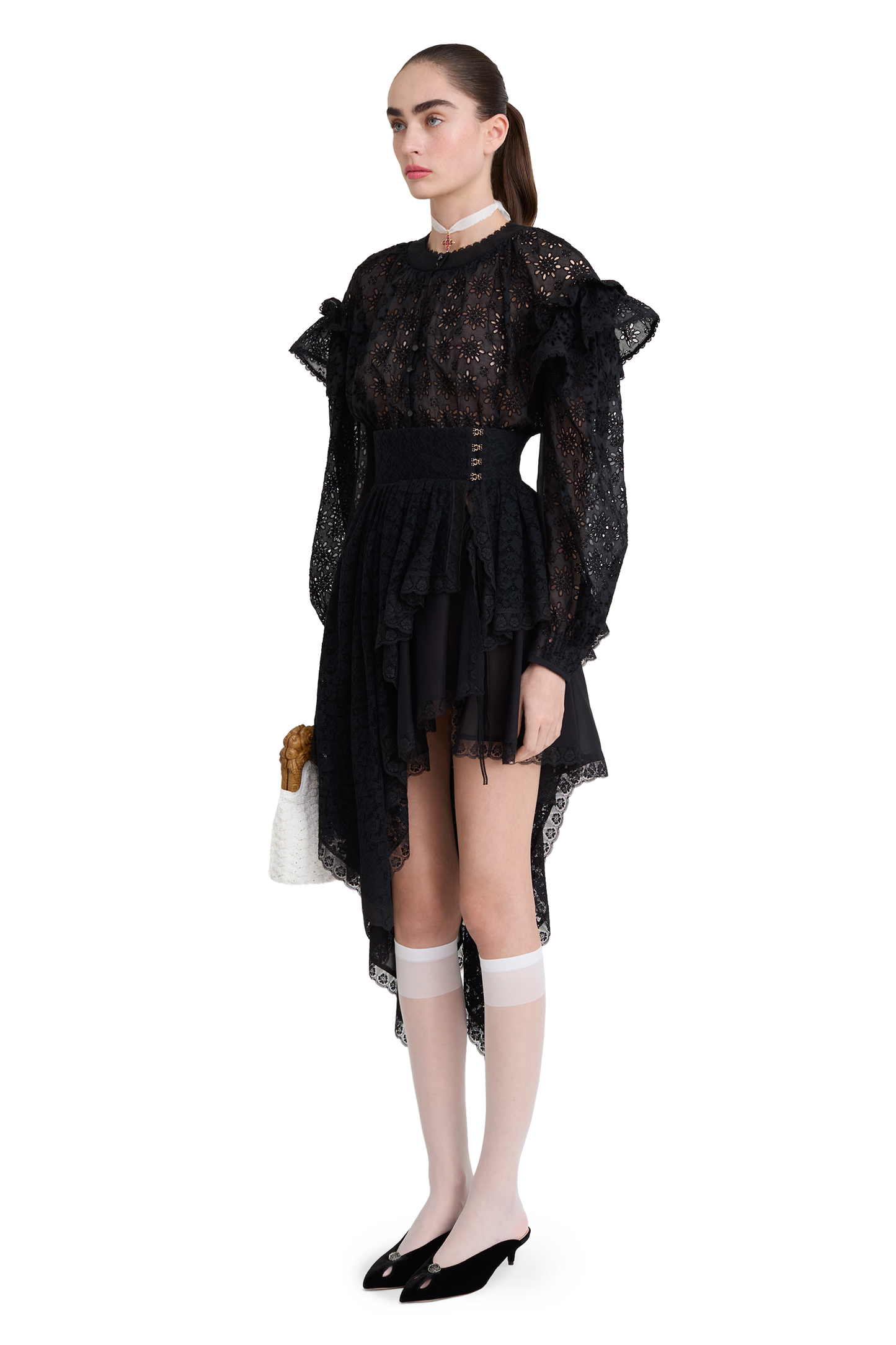 Embroidered cotton blouse with ruffled shoulders and an open back