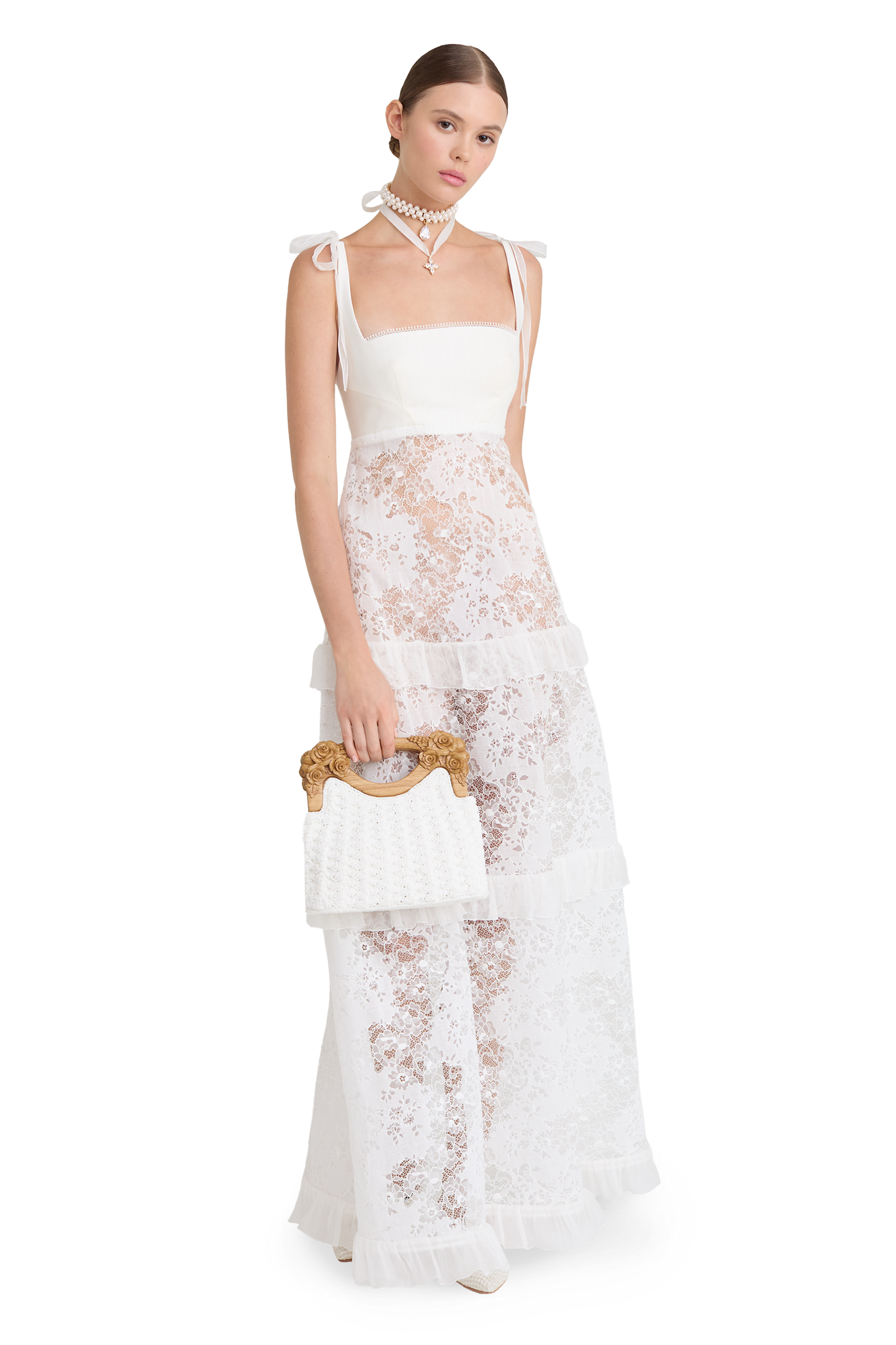 Full-length dress with signature floral lace and silk base
