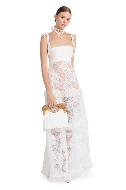Full-length dress with signature floral lace and silk base