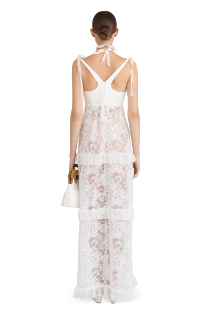 Full-length dress with signature floral lace and silk base