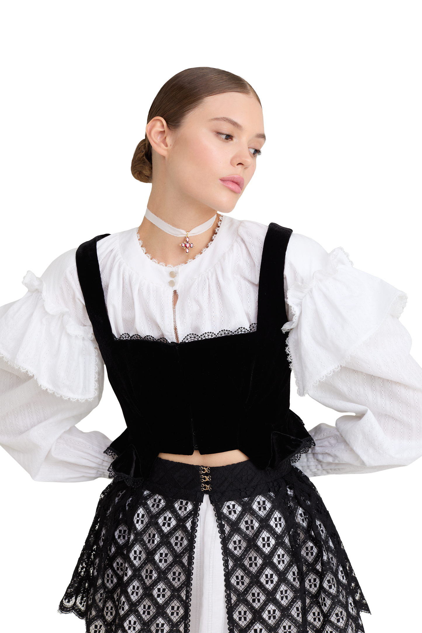 Cotton blouse with ruffled shoulders and an open back