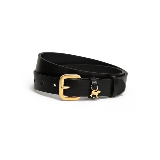 Leather belt with a gold buckle and signature charm