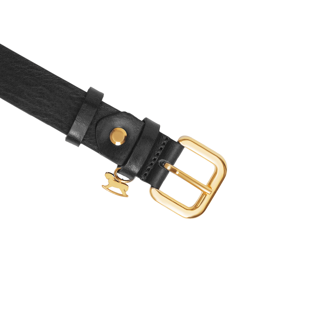 Leather belt with a gold buckle and signature charm