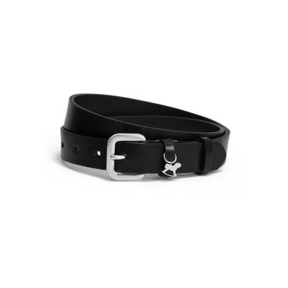 Leather belt with a silver buckle and signature charm