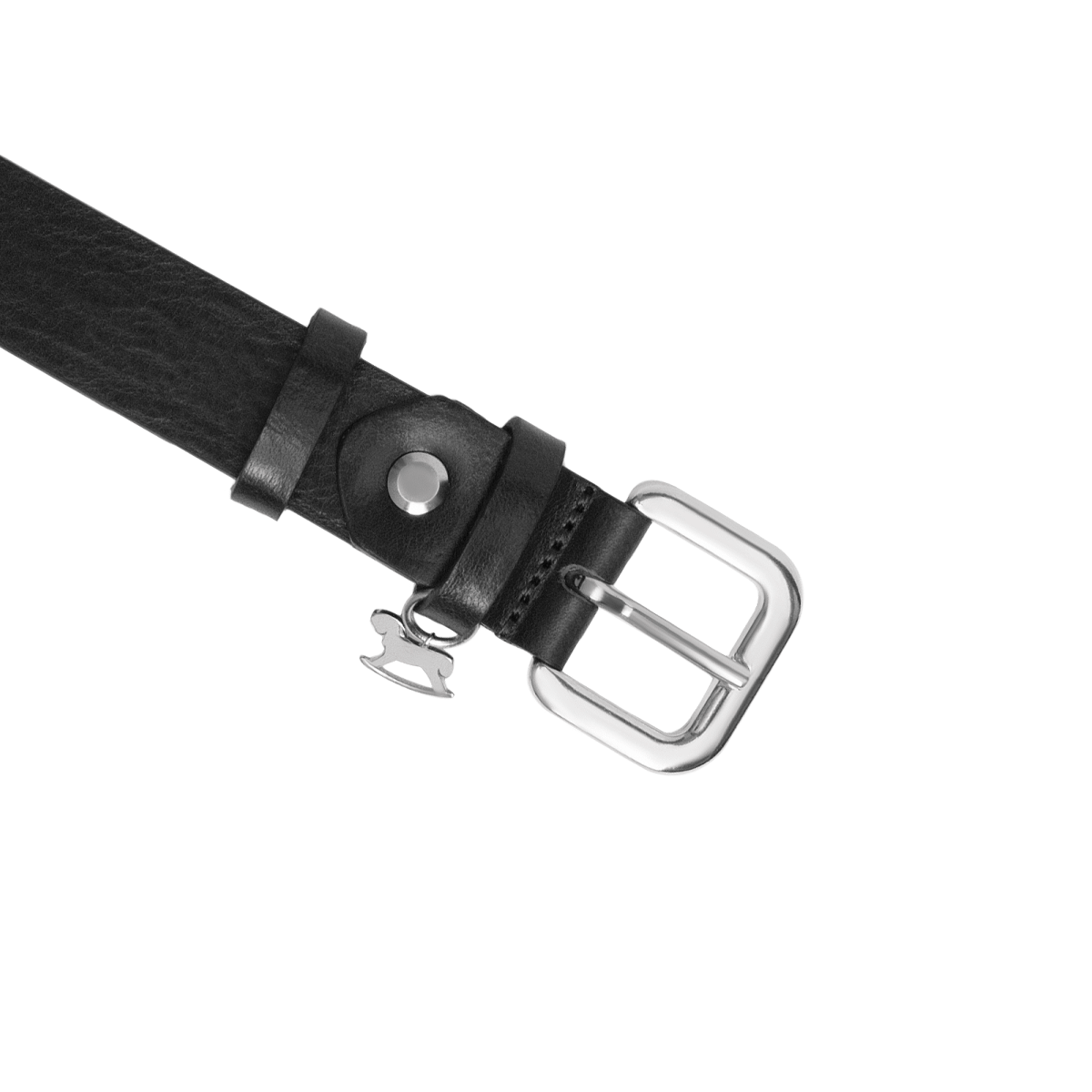 Leather belt with a silver buckle and signature charm