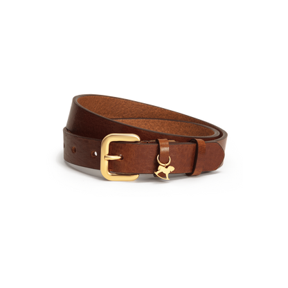 Leather belt with a gold buckle and signature charm