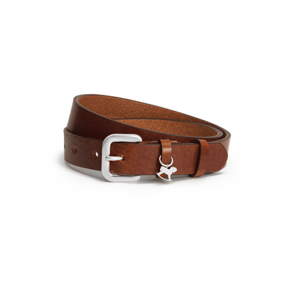 Leather belt with a silver buckle and signature charm