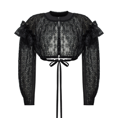 Embroidered cotton blouse with ruffled shoulders and an open back