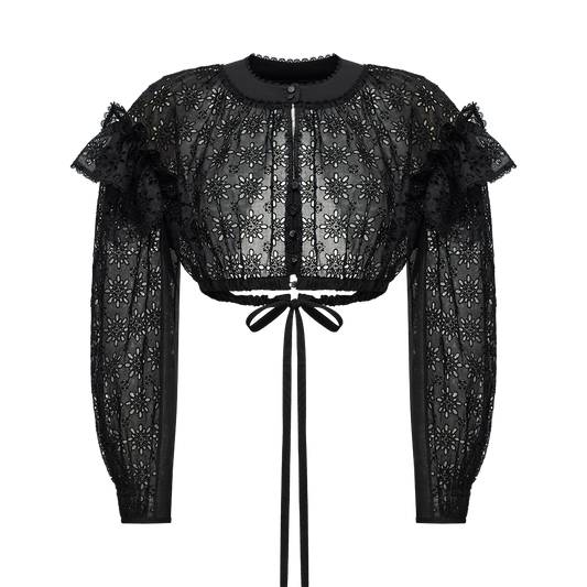 Embroidered cotton blouse with ruffled shoulders and an open back