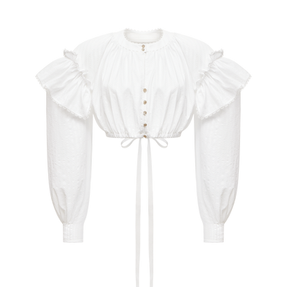 Cotton blouse with ruffled shoulders and an open back